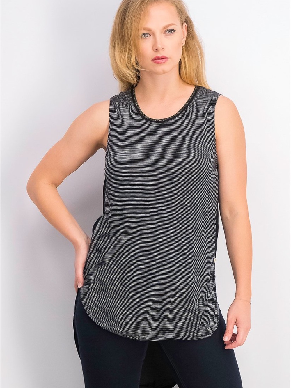 Scotch & Soda Women Sleeveless Hi Low Stripe Top, Black Size Large
